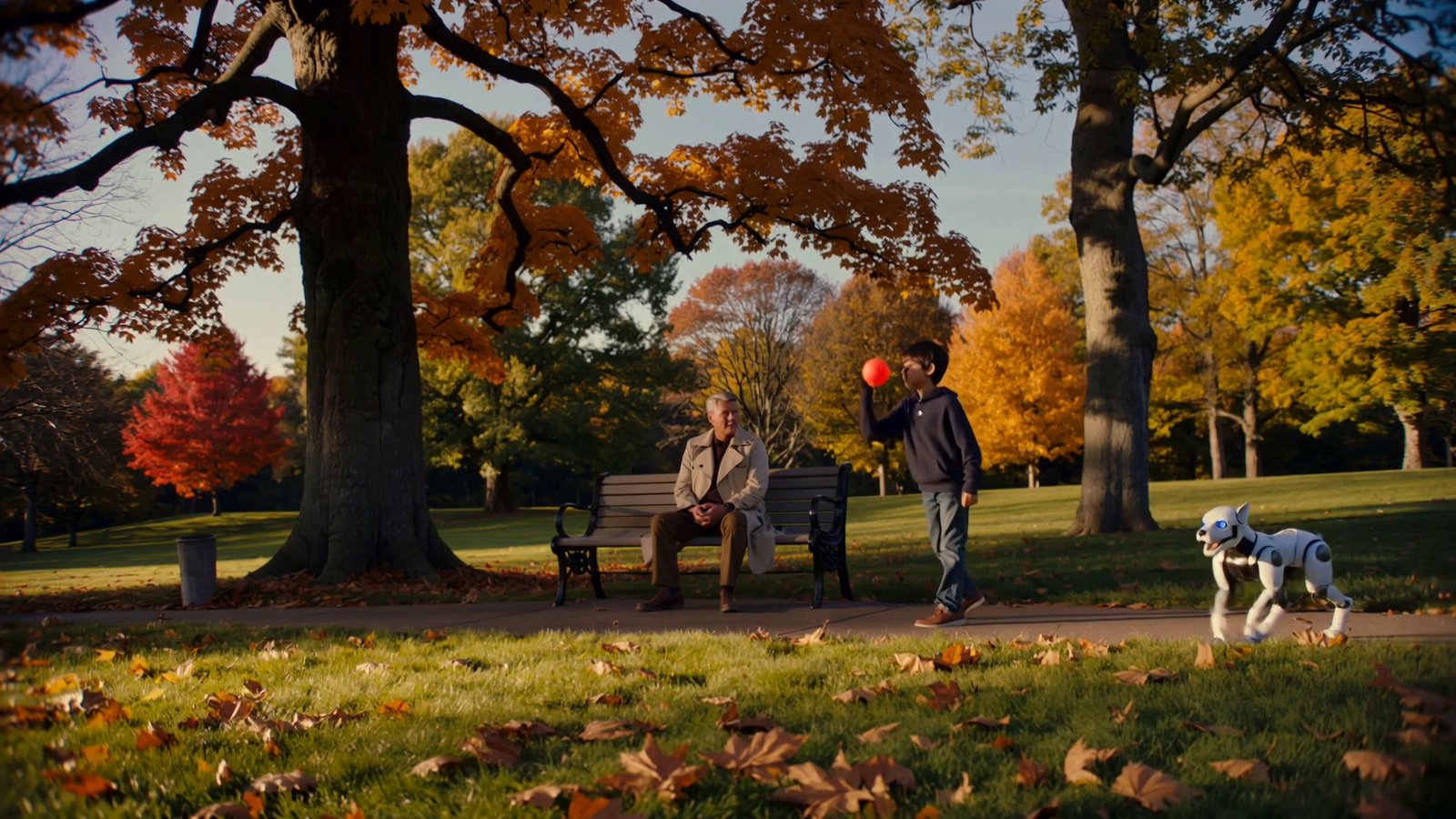 A grandfather watches his grandson play fetch with an AI companion dog in an autumn park